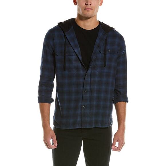 VINCE Men's Tonal Shadow Plaid Hooded Shirt In Blue Size M NWT - Picture 1 of 12